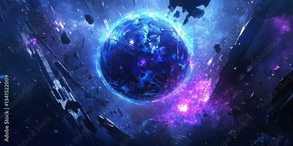 A futuristic 3D background featuring a massive, pulsating energy sphere surrounded by floating metallic fragments. The glowing blue and purple lights contrast against the dark, sci-fi environment,