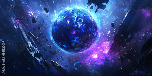 Obraz na płótnie A futuristic 3D background featuring a massive, pulsating energy sphere surrounded by floating metallic fragments. The glowing blue and purple lights contrast against the dark, sci-fi environment, w salonie
