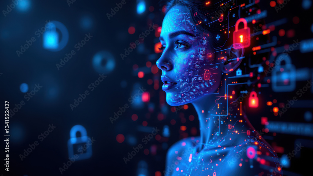 A futuristic woman with cybernetic elements, representing advanced technology and cybersecurity. A futuristic woman with cybernetic elements, representing advanced technology and cybersecurity.