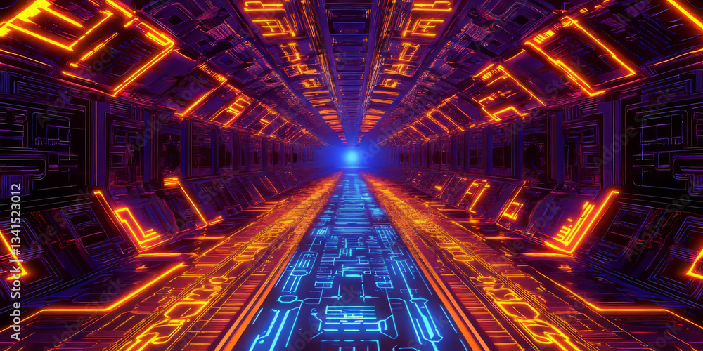 A high-tech 3D background showcasing an illuminated circuit board stretching infinitely into the distance. The intricate electronic patterns and pulsating neon energy create a futuristic digital