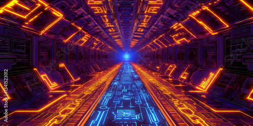 Obraz na płótnie A high-tech 3D background showcasing an illuminated circuit board stretching infinitely into the distance. The intricate electronic patterns and pulsating neon energy create a futuristic digital w salonie