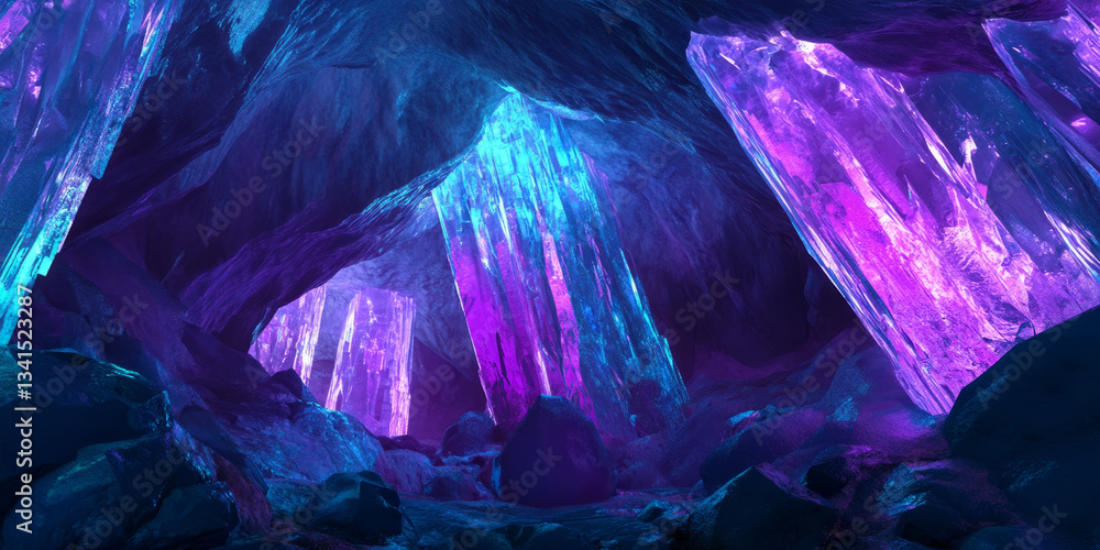 A 3D background featuring a crystalline cave where glowing blue and violet minerals emit soft luminescence. The reflections bounce off the smooth, translucent surfaces, creating a mysterious and