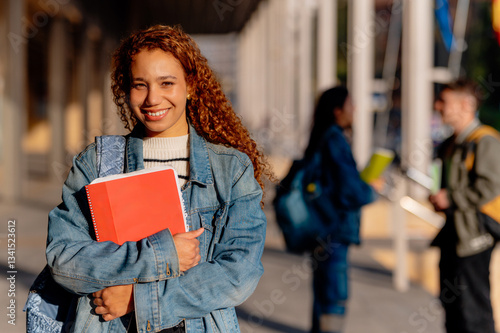 Young woman student smiling and holding a red notebook on a university campus, with blurred students in the background