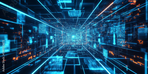 A futuristic 3D background showcasing an intricate network of interconnected hexagonal tiles, some of which are glowing. The perspective creates a sense of vast depth, while the blue and cyan light