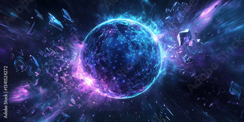 A futuristic 3D background featuring a massive, pulsating energy sphere surrounded by floating metallic fragments. The glowing blue and purple lights contrast against the dark, sci-fi environment,
