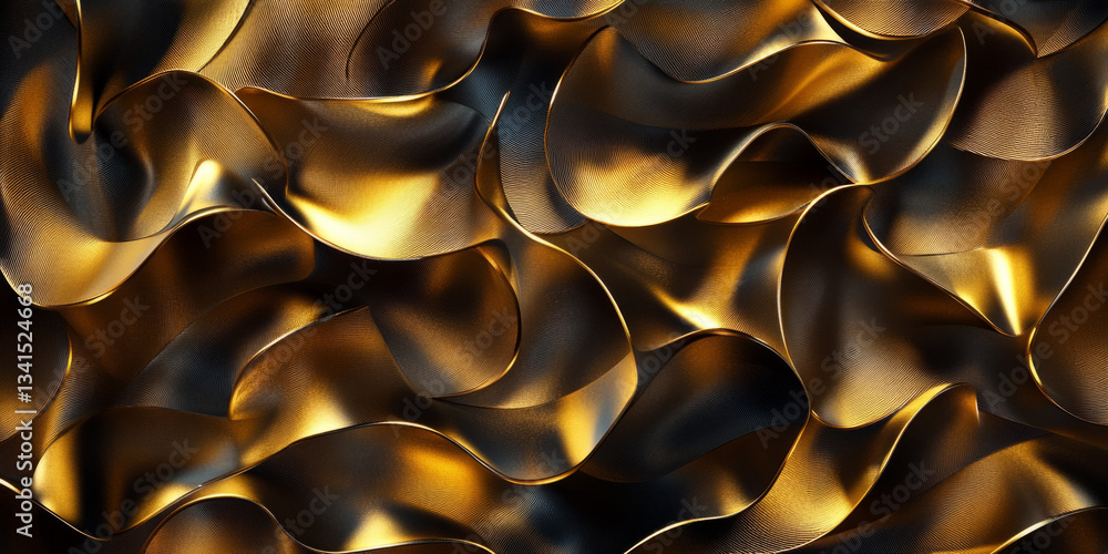 A luxurious 3D background with a pattern of interwoven golden ribbons forming an intricate, abstract design. The polished metallic textures catch the ambient light, creating a rich and elegant visual