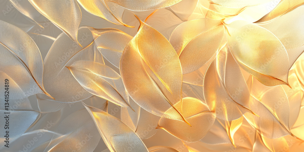 A nature-inspired 3D background featuring translucent, glowing leaves arranged in a flowing pattern. The soft golden light filtering through the delicate textures enhances the organic and serene