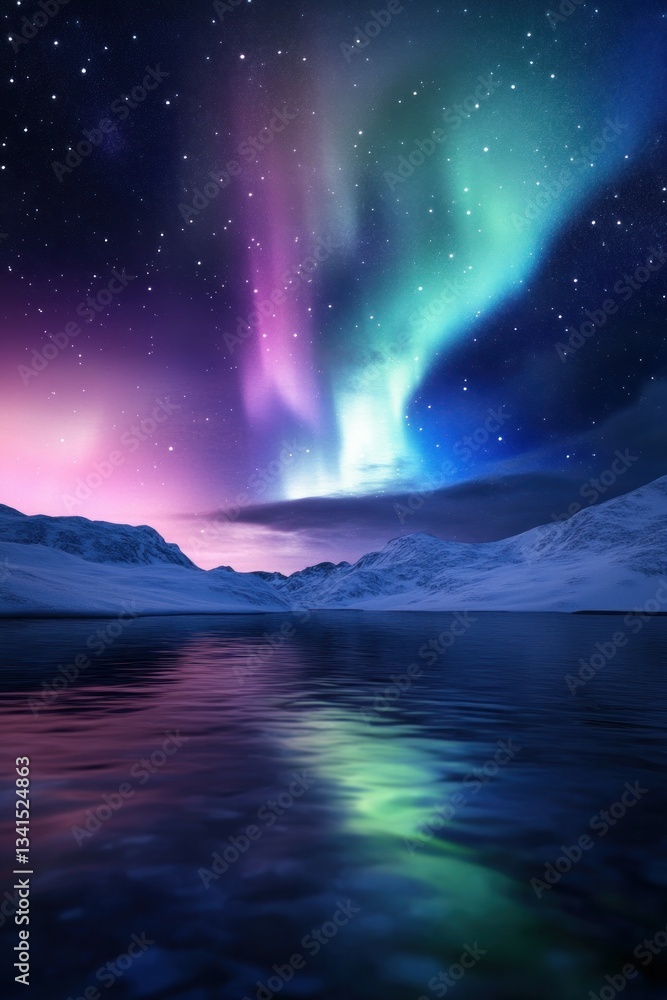 Naklejka premium Stunning aurora borealis over snowy mountains and reflective lake at night.