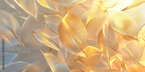Obraz na płótnie A nature-inspired 3D background featuring translucent, glowing leaves arranged in a flowing pattern. The soft golden light filtering through the delicate textures enhances the organic and serene w salonie