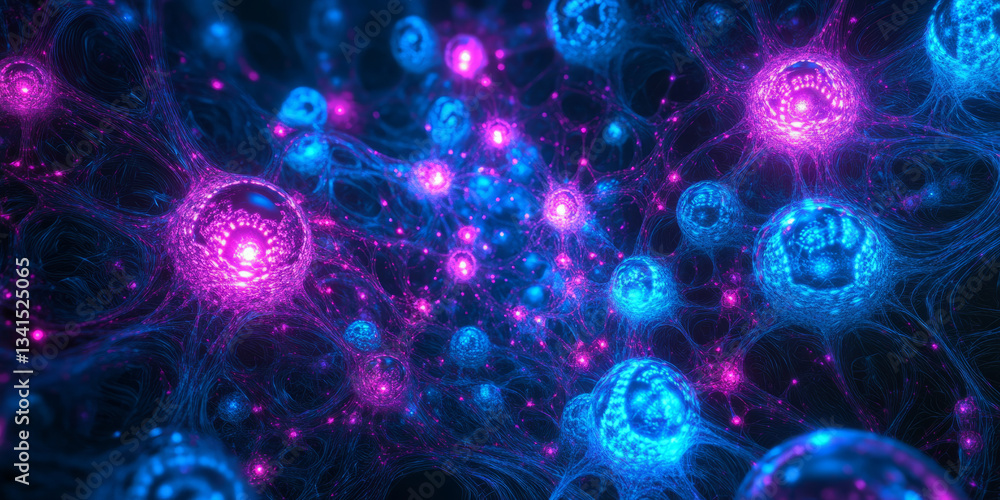 A high-tech 3D background with an intricate web of interconnected glowing orbs, each pulsing with electric energy. The neon blue and magenta hues create a futuristic and cybernetic visual effect.