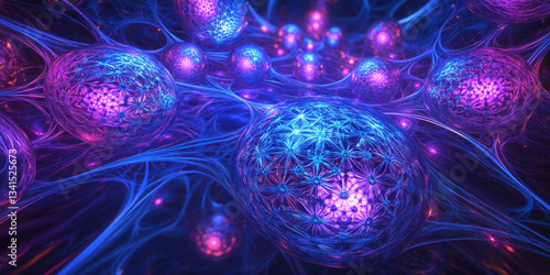 A high-tech 3D background with an intricate web of interconnected glowing orbs, each pulsing with electric energy. The neon blue and magenta hues create a futuristic and cybernetic visual effect.