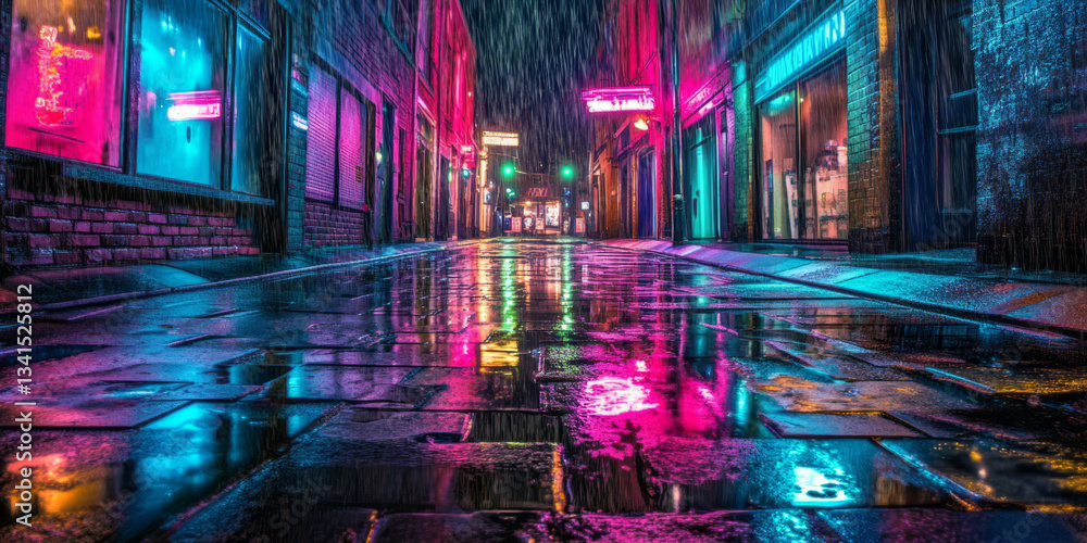 A cyberpunk-inspired 3D background showcasing a neon-lit alleyway with rain-soaked pavement reflecting vibrant pink, blue, and green city lights. The atmospheric depth adds a cinematic feel.
