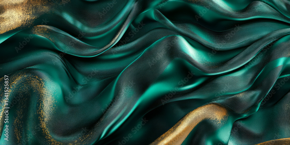 A luxurious 3D background featuring a textured surface resembling rippling silk. The deep, rich colors of emerald green and gold shimmer under soft directional lighting, creating an elegant and