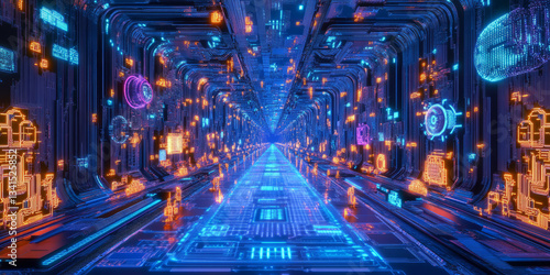Obraz na płótnie A high-tech 3D background showcasing an illuminated circuit board stretching infinitely into the distance. The intricate electronic patterns and pulsating neon energy create a futuristic digital w salonie