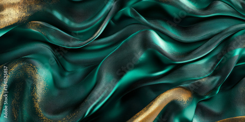 Obraz na płótnie A luxurious 3D background featuring a textured surface resembling rippling silk. The deep, rich colors of emerald green and gold shimmer under soft directional lighting, creating an elegant and w salonie
