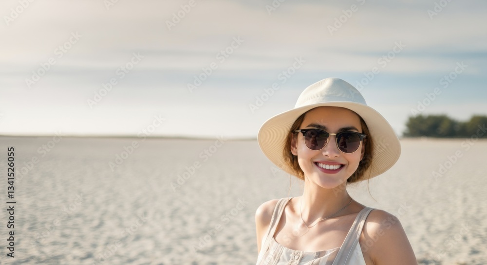 Young caucasian female smiling at beach in sunglasses and hat Young caucasian female smiling at beach in sunglasses and hat
