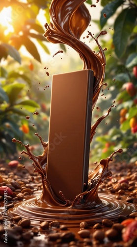 A professional and high-quality mockup of melting chocolate, perfect for advertising, graphic design, and social media use. This image is AI-generated and features a combination of warm lighting and a