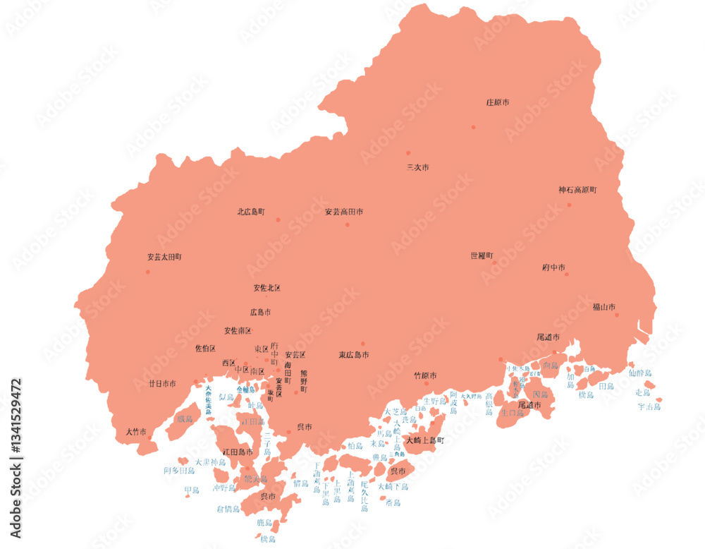 Obraz premium 広島県 地図 オレンジ 斑点 イラスト