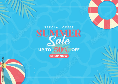 Summer sale for social media post, banner , poster, card on swimming pool background with Typography of 50 percent off discount and tropical leaves, ball.