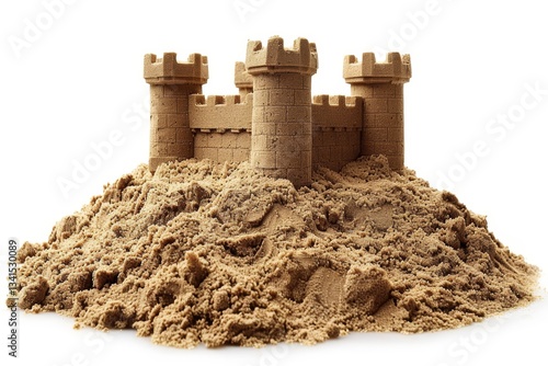 Intricate sand castle displayed against a pure white background, showcasing creative design