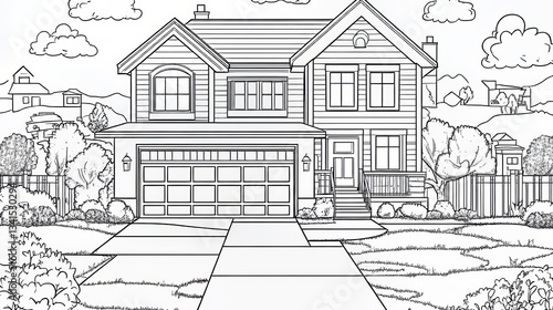 Wallpaper Mural Beautiful Two-Story Suburban Home. A Vector Illustration Coloring Page for Kids and Adults. Torontodigital.ca