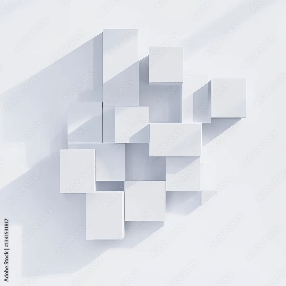 Fototapeta premium 3D rendering of a simple white background with abstract cubes, a flat lay composition, in a minimalist style, with a white color theme, geometric shapes, soft shadows, and a light effect,
