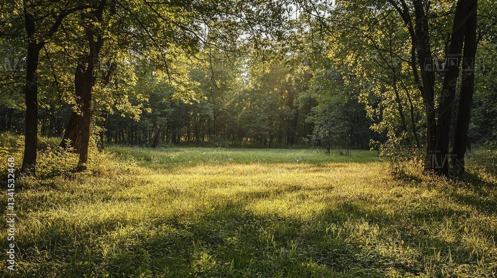 Fototapeta premium A serene forest clearing bathed in golden sunlight