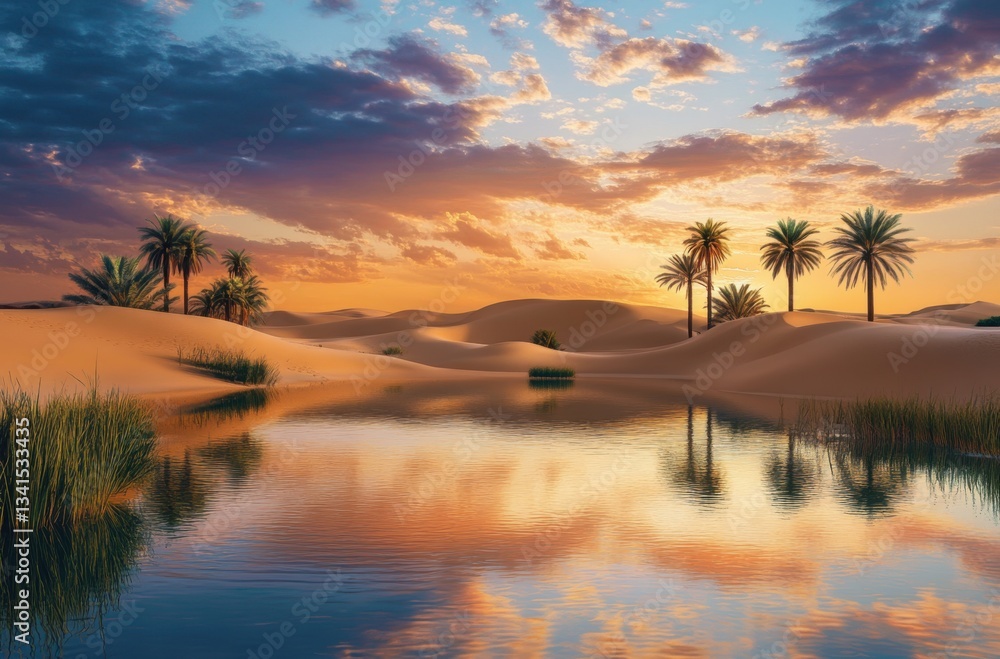 Naklejka premium Dreamy desert oasis scene at dusk, water reflecting
