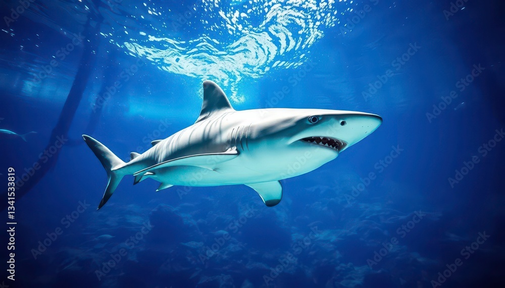 A majestic shark glides effortlessly through crystal-clear aquarium water, aquarium, stock photo A majestic shark glides effortlessly through crystal-clear aquarium water, aquarium, stock photo