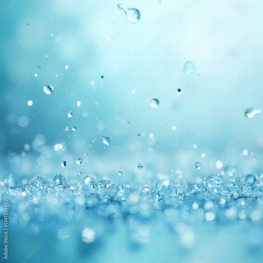 A close-up of transparent water droplets scattered across a smooth glass surface. The background is softly blurred with cool blue tones, creating a fresh and calming atmosphere A close-up of transparent water droplets scattered across a smooth glass surface. The background is softly blurred with cool blue tones, creating a fresh and calming atmosphere
