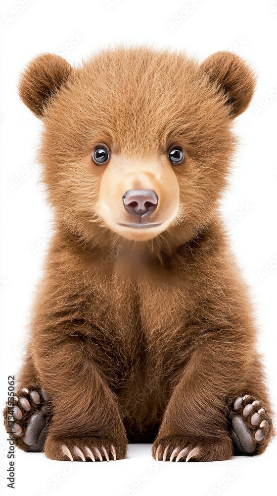 Fototapeta premium Woodland animals habitat hidden. A cute baby bear with fluffy fur and bright eyes sits on the ground, showcasing its adorable features and playful nature.