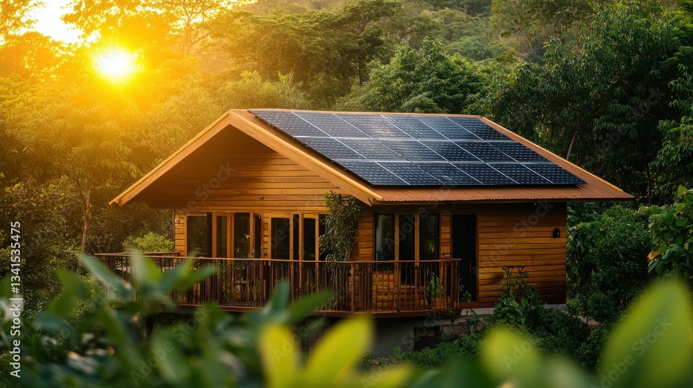 Sustainable wooden cabin with solar panels in lush forest during sunset. Sustainable wooden cabin with solar panels in lush forest during sunset.