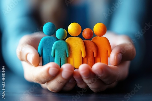 Colorful figures representing diversity and unity held in hands symbolizing support and community connection among individuals in a harmonious environment