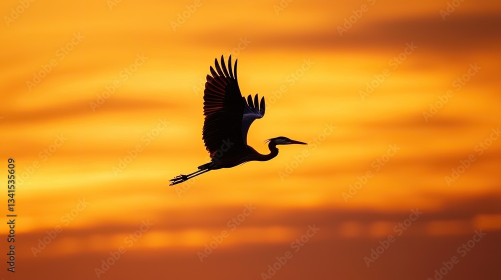 Obraz premium A bird in flight, its silhouette outlined against a glowing orange sky.