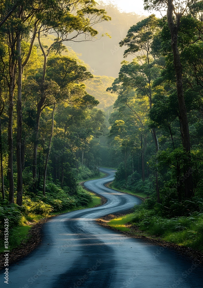 Fototapeta premium A scenic road stretching into the horizon with sunlight filtering through dense trees tranquil setting