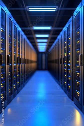 A vast data center with advanced server architecture, powerful systems, and bright LED lighting illustrating cutting edge technology for data storage and processing