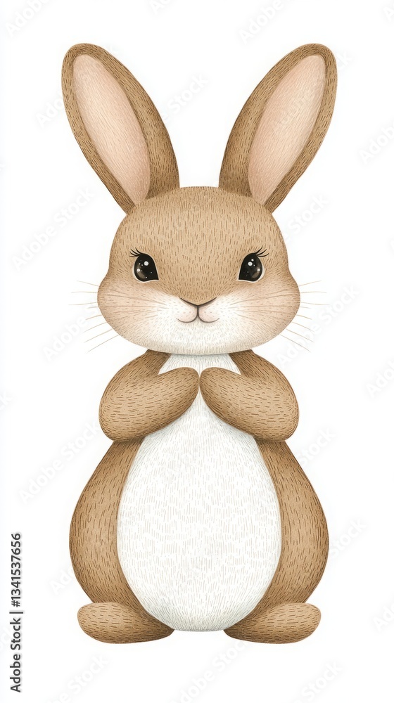 Obraz premium Woodland animals habitat hidden. A cute, illustrated rabbit with a brown and white color palette, standing upright with an adorable expression.