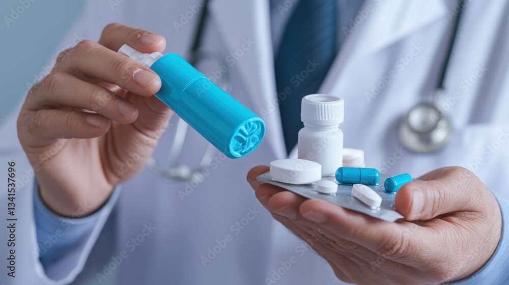 Fototapeta premium Close-up of a physician showcasing a blue inhaler and prescribed medication on a neutral gray clinical background,