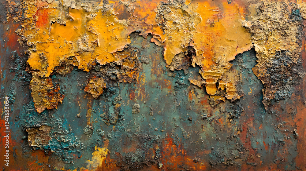 A close-up of a heavily textured surface with peeling yellow and blue paint, showing signs of rust.
A close-up of a heavily textured surface with peeling yellow and blue paint, showing signs of rust.