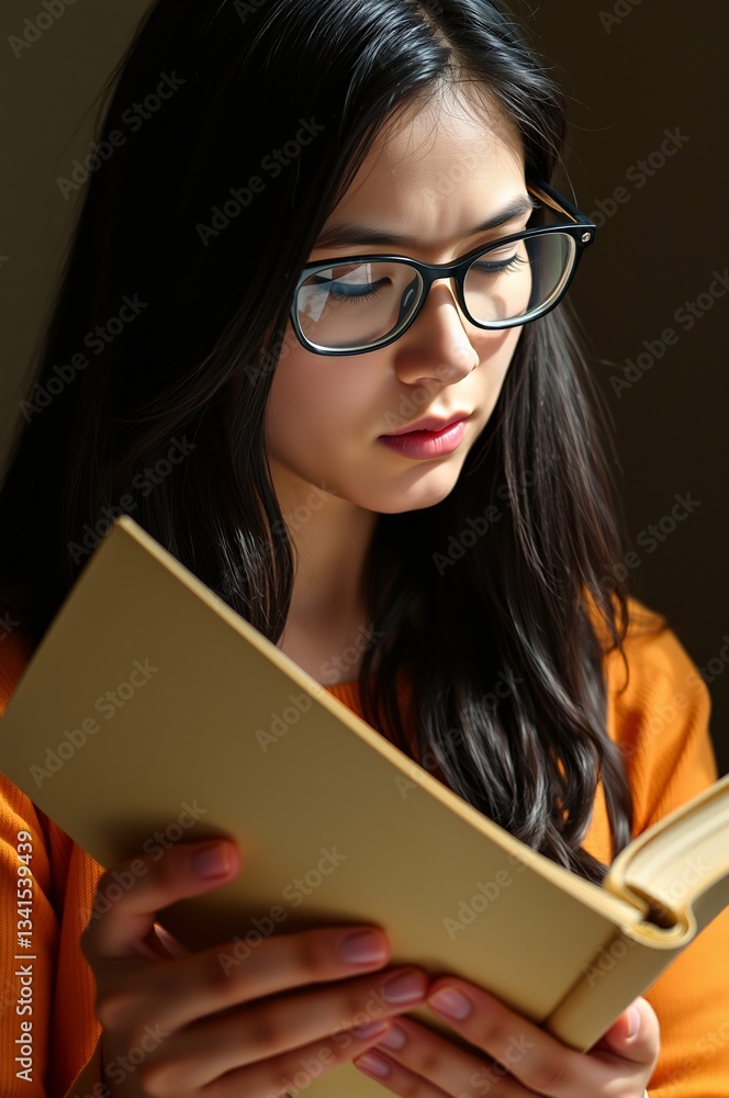 Young Woman with Glasses Reading a Book in Warm Indoor Light