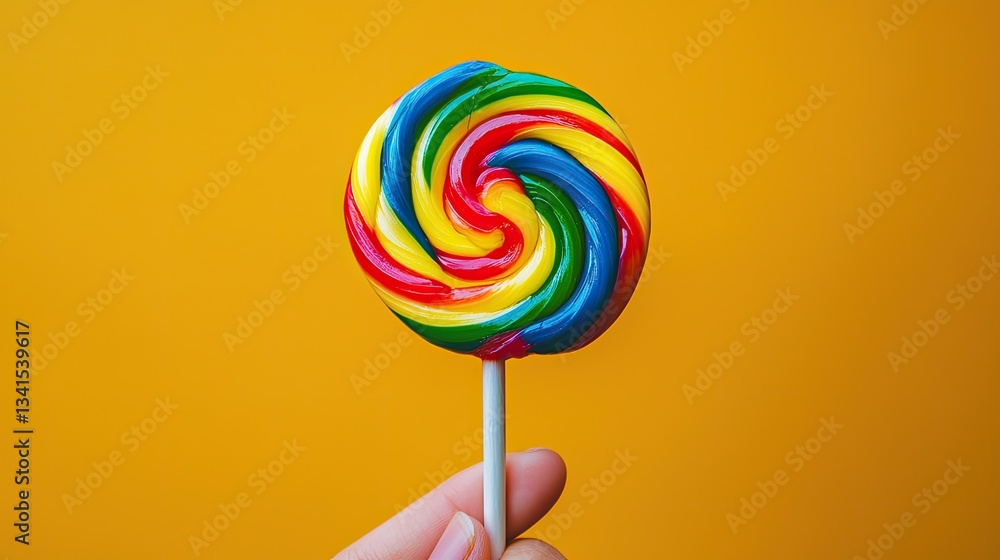 A hand holding a lollipop with a bright, colorful swirl. A hand holding a lollipop with a bright, colorful swirl.