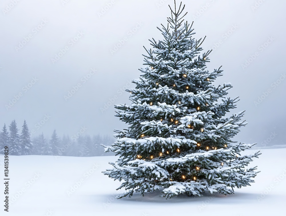Snowy Christmas tree with lights in the snow Snowy Christmas tree with lights in the snow