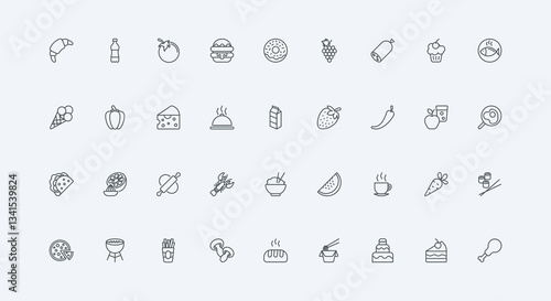 Coffee and snacks, portion of dessert, rice bowl thin black outline symbols vector illustration. Food menu, meals and drink of breakfast and lunch, dinner and brunch nutrition line icon set