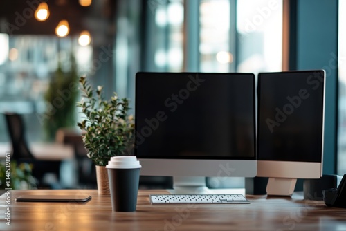 Wallpaper Mural Modern office workspace with dual monitors and a coffee cup and negative space on left Torontodigital.ca