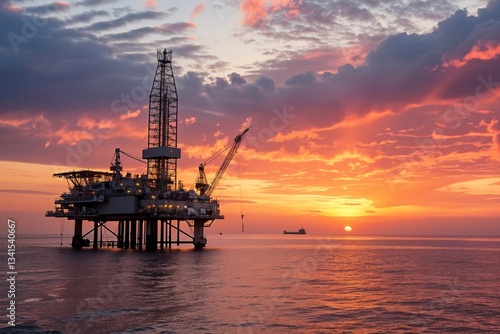 Fotografie Offshore Oil Rig at Sunset Over the Ocean. High quality photo
