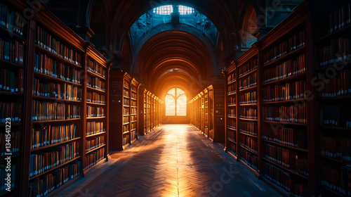 Wallpaper Mural Historic University Library: Sunlit Gothic Hallway with Wooden Shelves and Old Books Torontodigital.ca