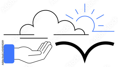 Outstretched hand with cloud, bright sun and flying bird suggesting hope, freedom, nature, growth, support. Ideal for inspiration, mindfulness sustainability giving potential positivity. Flat