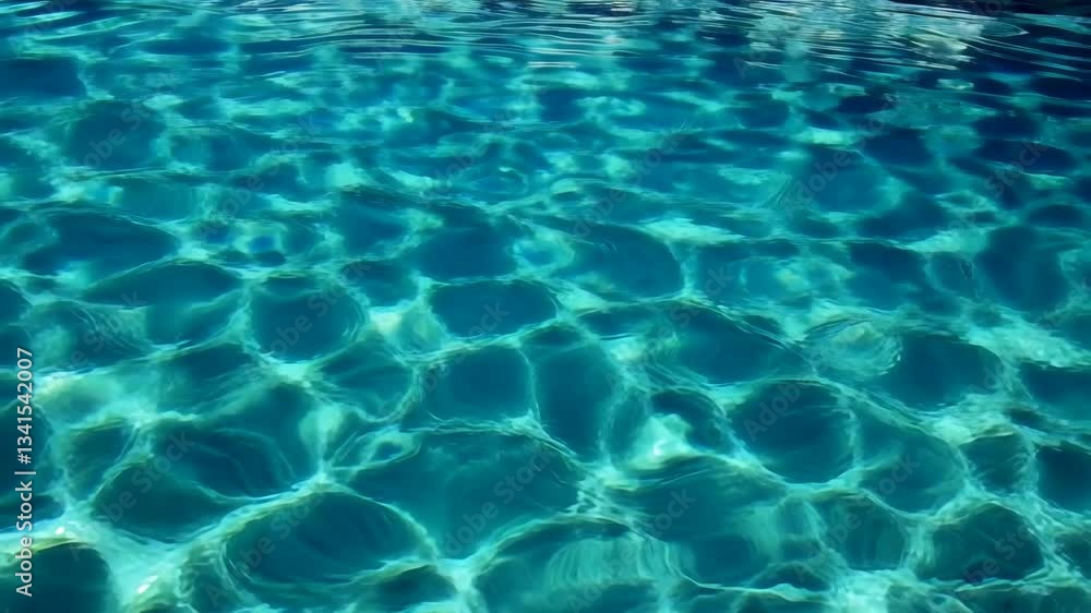 Crystal clear pool water reflecting sunlight creates a serene underwater landscape in a peaceful outdoor setting