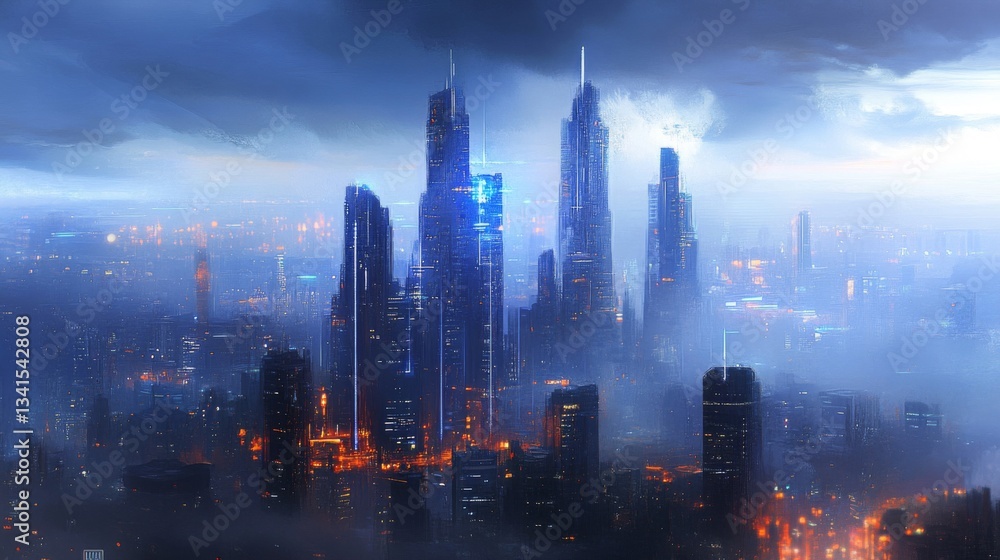 Naklejka premium Futuristic Cityscape at Night Under a Stormy Sky