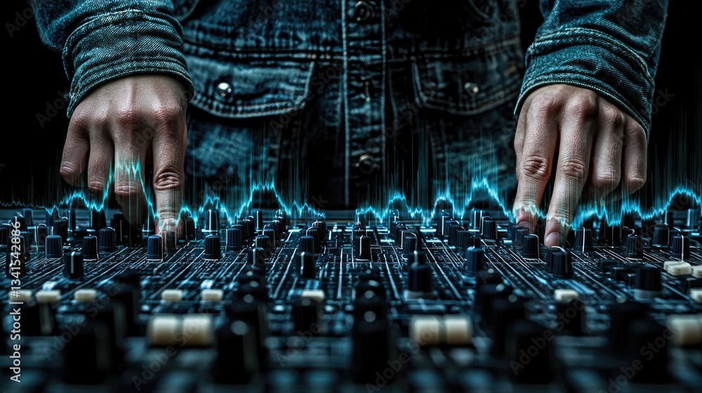 A person adjusting a sound mixing board with sound waves visible in the background. A person adjusting a sound mixing board with sound waves visible in the background.